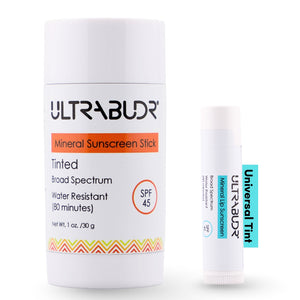 ULTRABUDR Tinted Mineral Sunscreen Stick SPF 45, 1 oz + Lip Balm